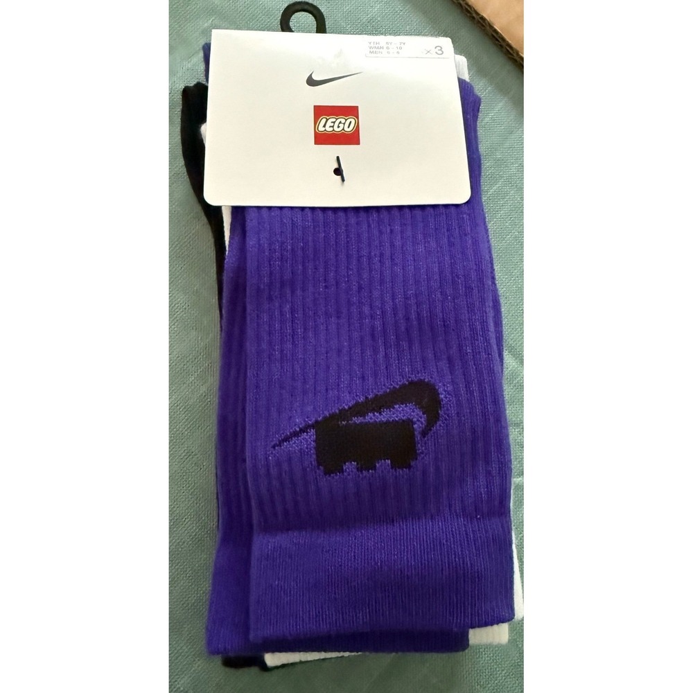 Nike x LEGO Crew Socks 3 Pair Pack Purple White Black Men 6-8 Women 6-10